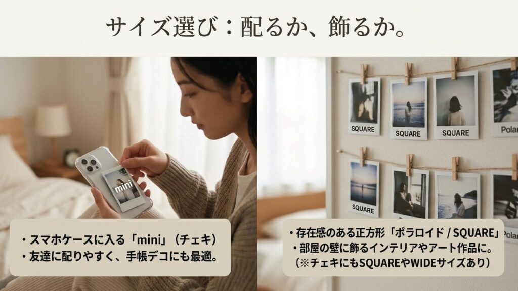 フィルムサイズの比較：mini、SQUARE、ポラロイド