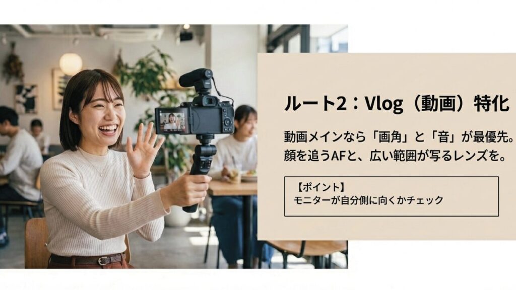 ルート2：Vlog動画特化。動画メインなら画角と音が最優先。自分向きモニターをチェック