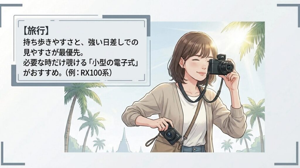 旅行向けコンデジの選び方 旅行用コンデジは小型で電子式ファインダー搭載がおすすめ