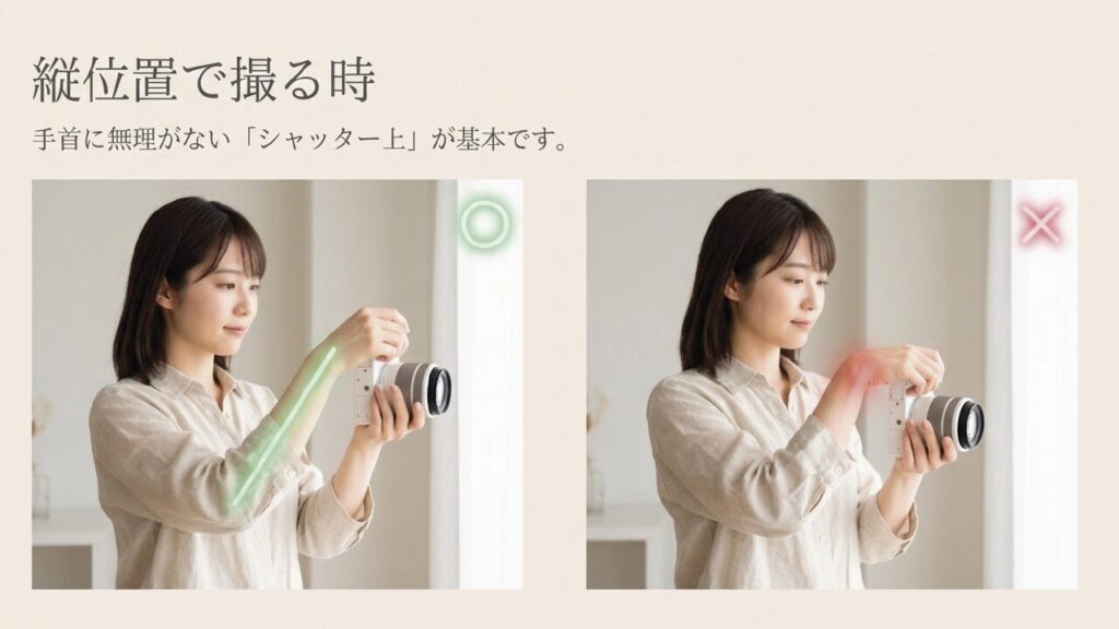 縦位置で撮る時 縦位置は手首に無理がないシャッター上が基本
