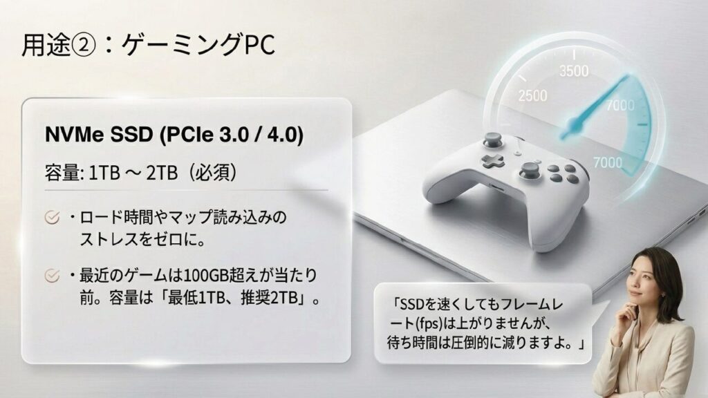 ゲーミングPC向けSSDは容量1TB以上のPCIe 3.0/4.0 NVMeが必須
