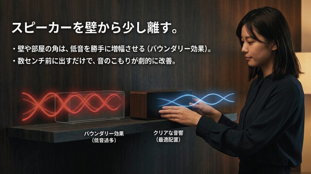 スピーカーを壁から少し離しバウンダリー効果による低音過多を防ぐ