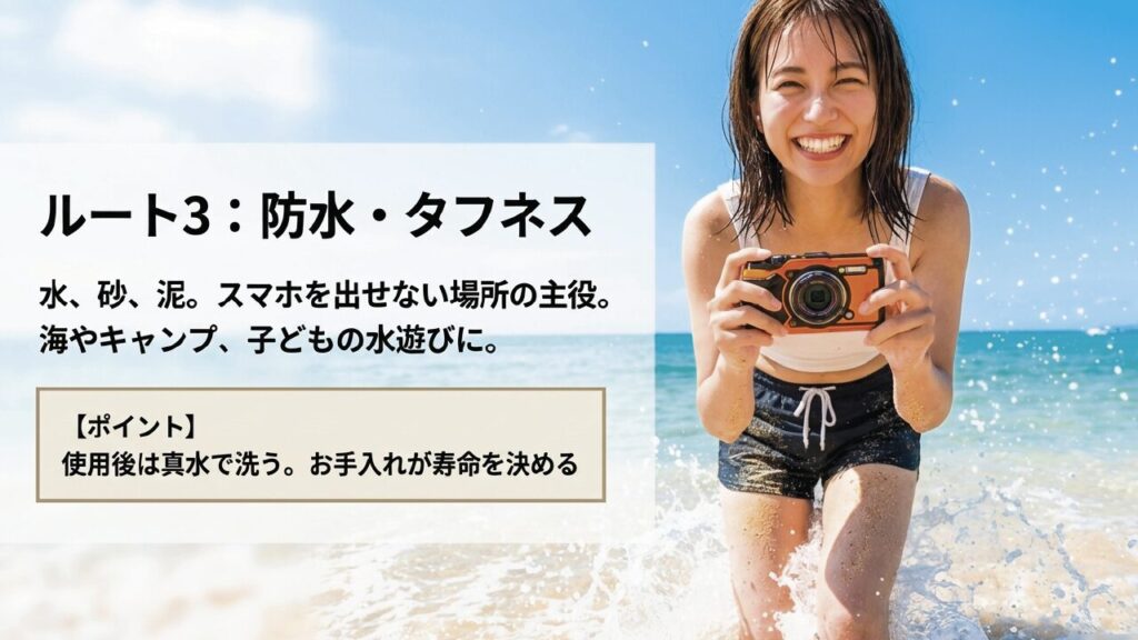 ルート3：防水・タフネス。水・砂・泥、スマホを出せない場所での主役。キャンプや海に