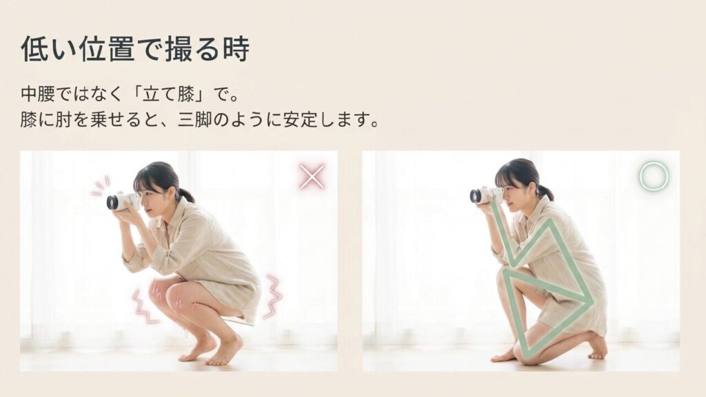 低い位置で撮る時 低い位置は中腰ではなく立て膝で三脚のように安定させる