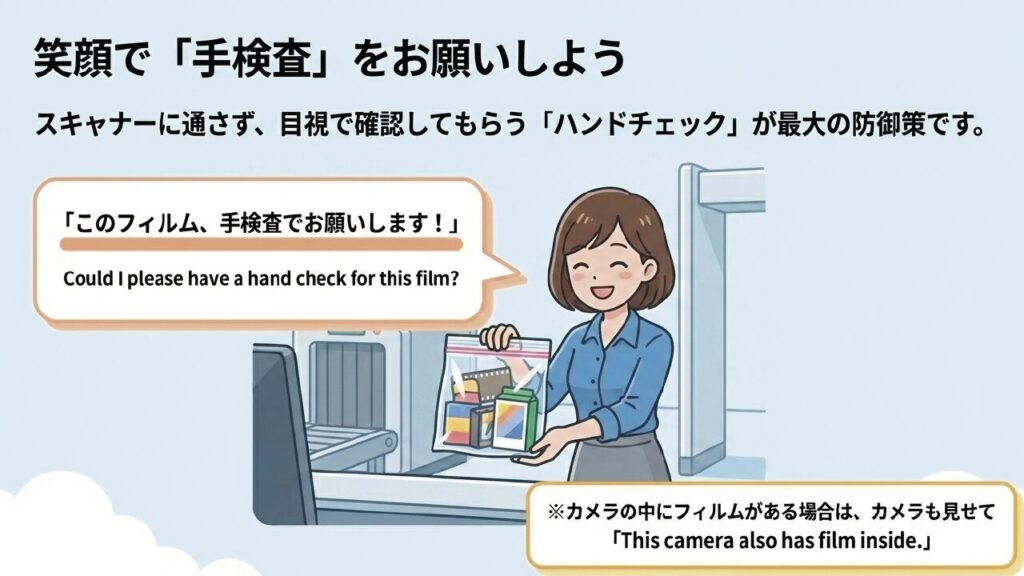 検査員に英語でハンドチェック（手検査）をお願いするフレーズ