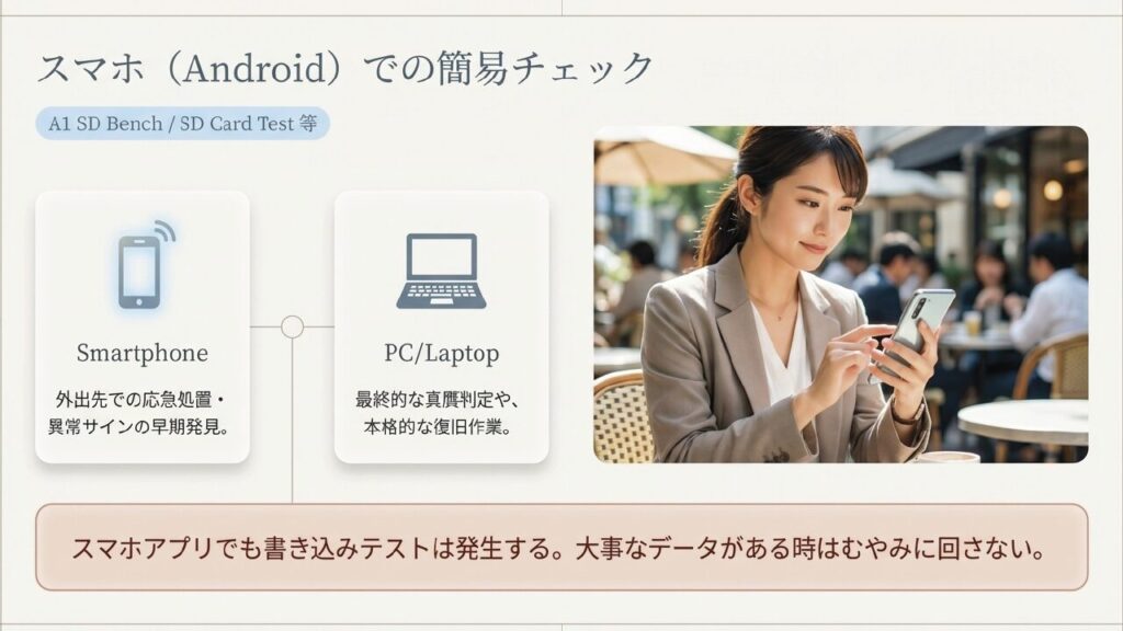 スマホでの簡易チェックは外出先の応急処置、本格的な復旧はPCで行う
