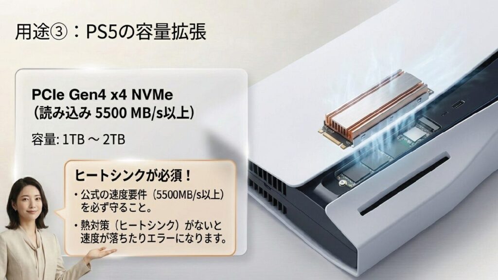 PS5の容量拡張にはヒートシンク付きで5500MB/s以上のPCIe Gen4 x4が必要