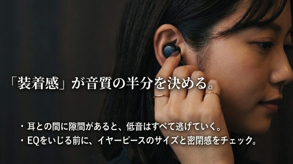 耳との隙間があると低音が逃げるため装着感と密閉感が音質の半分を決める