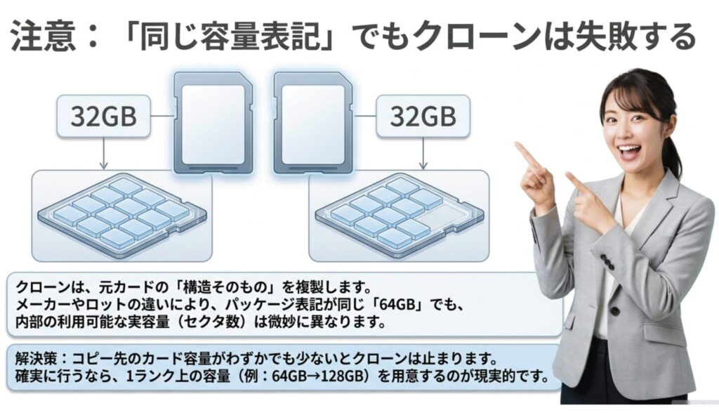 同じ容量表記でもクローンが失敗する実容量の違い