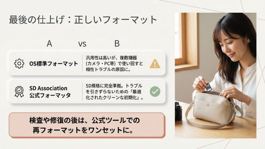 OS標準フォーマットとSD Association公式フォーマッタの違い