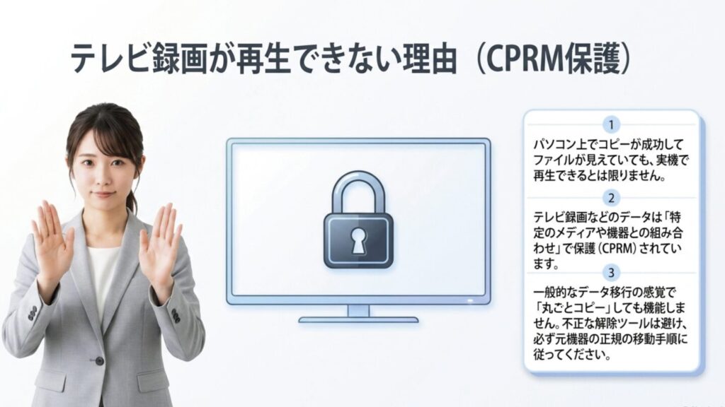 テレビ録画データがCPRM保護で丸ごとコピーや再生できない理由