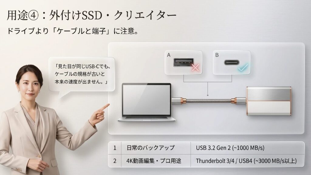 外付けSSDはドライブの速度だけでなく接続ケーブルと端子の規格が重要