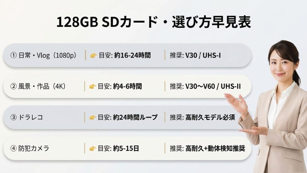128GB SDカードの用途別選び方早見表