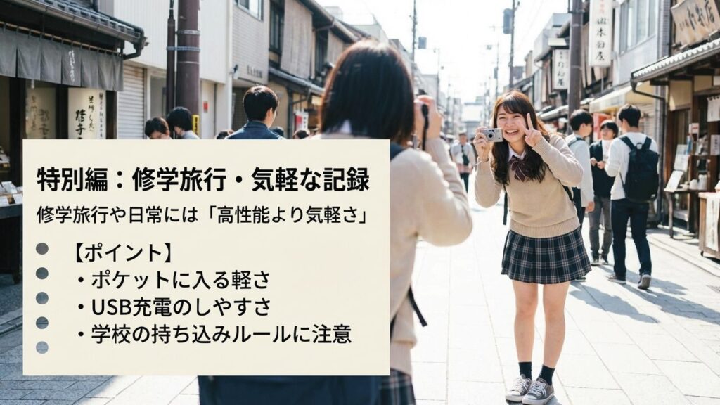 特別編：修学旅行や気軽な記録には高性能より気軽さ。ポケットに入る軽さとUSB充電がポイント