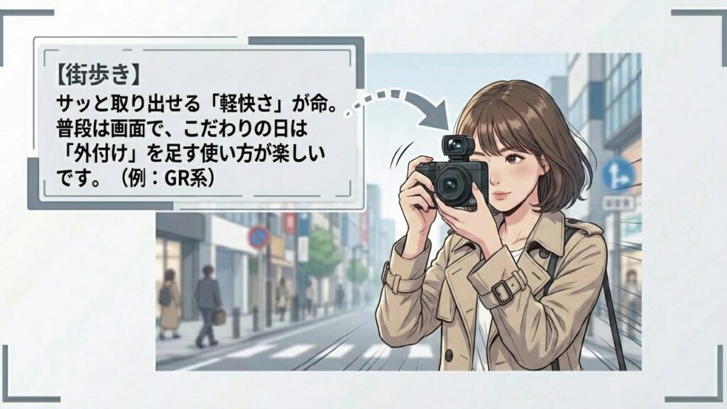 スナップ向けカメラと外付けファインダー 街歩き・スナップ撮影は軽快さと外付けファインダーの活用が楽しい