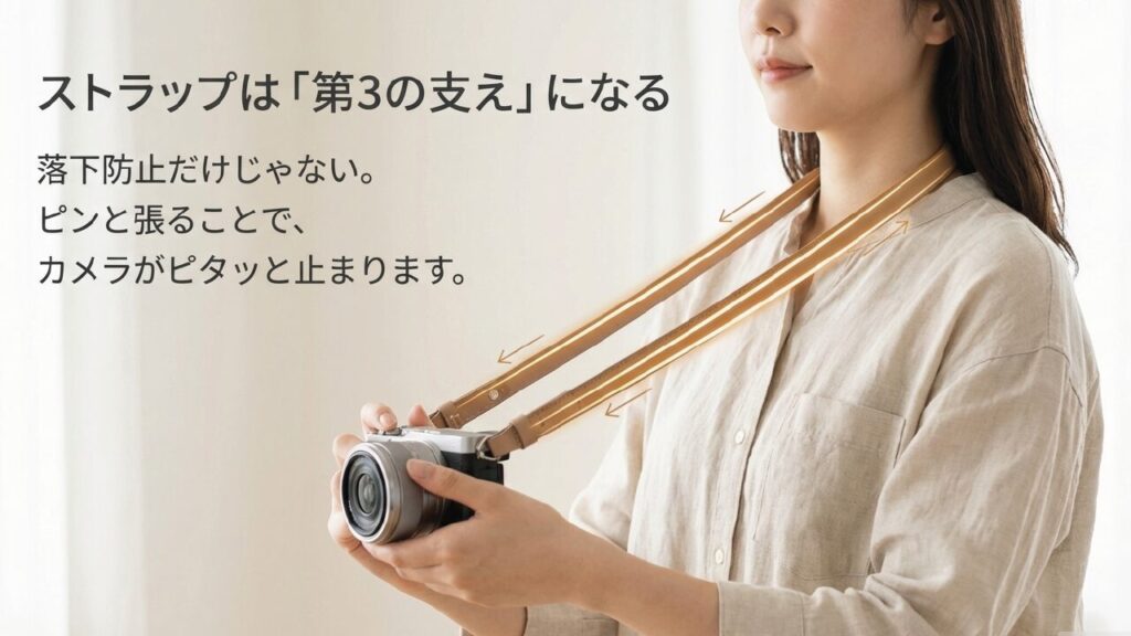 ストラップは「第3の支え」になる ストラップをピンと張ることでカメラがピタッと止まる