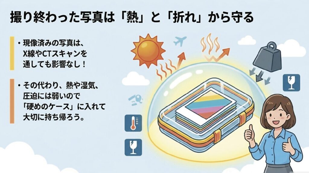 現像済みのチェキ写真は熱と折れ曲がりから硬めのケースで守る