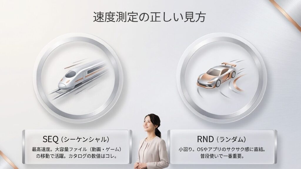 速度測定ソフトCrystalDiskMarkのSEQ（最高速度）とRND（ランダムアクセス）の見方