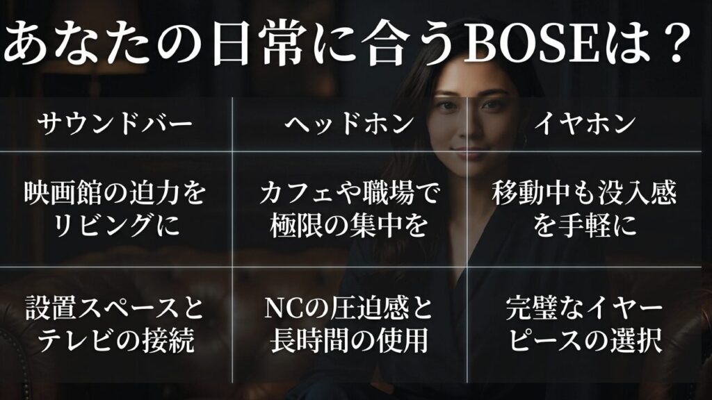 サウンドバー、ヘッドホン、イヤホンからあなたの日常に合うBOSEを選ぶ