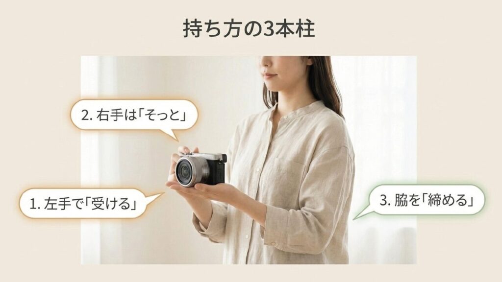 持ち方の3本柱 持ち方の3本柱は左手で受ける、右手はそっと、脇を締める