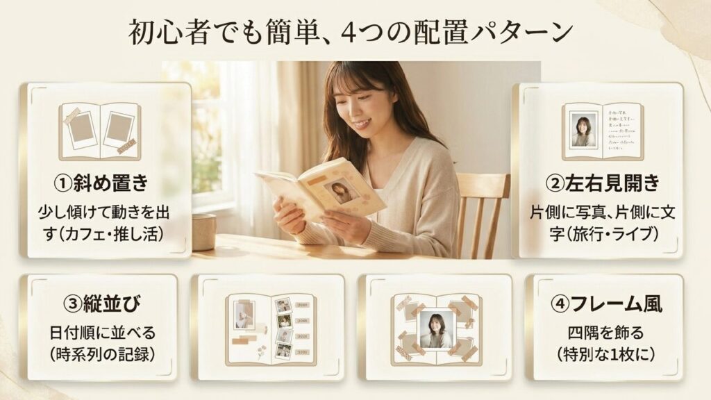 斜め置きや縦並びなどチェキの4つの配置パターン