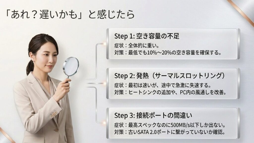 SSD速度が遅い原因と対策（空き容量不足、サーマルスロットリング、接続ポート）