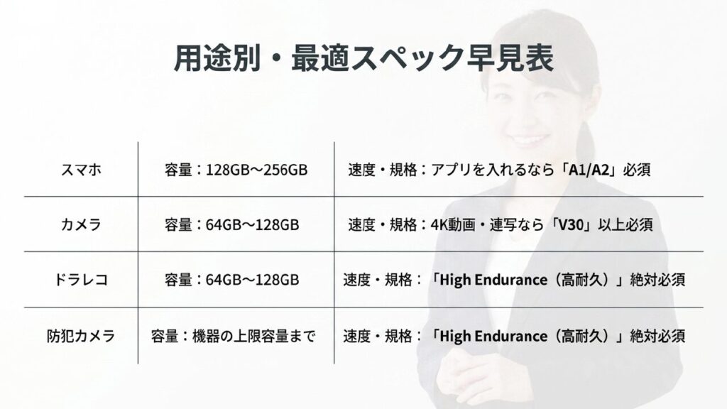 用途別SDカード最適スペック早見表