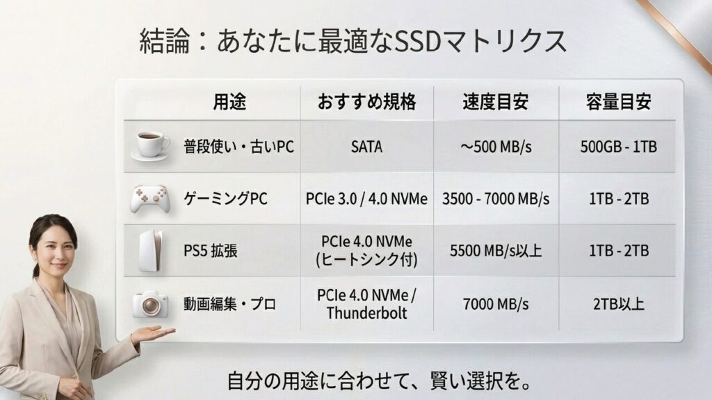 用途別おすすめSSDの速度と容量の目安マトリクスまとめ