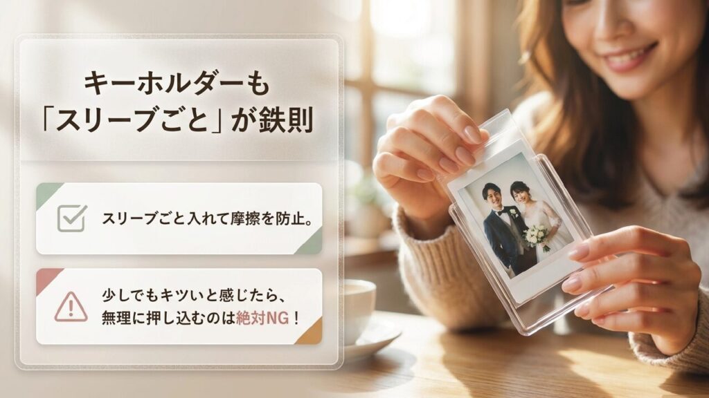 キーホルダーに入れる際もスリーブごと入れる鉄則