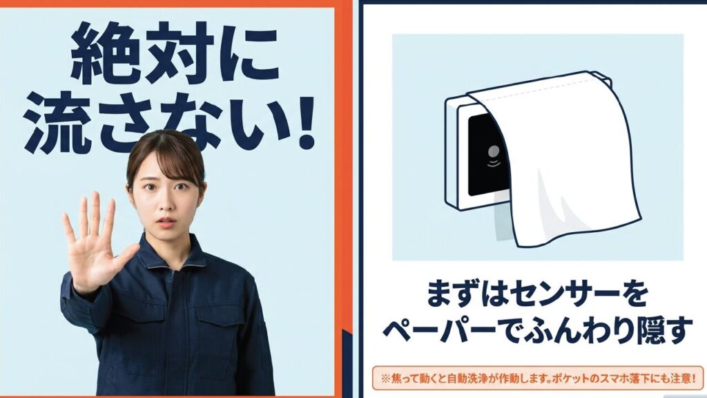トイレの自動洗浄センサーをトイレットペーパーでふんわり隠して流されるリスクを防ぐ手順の図解