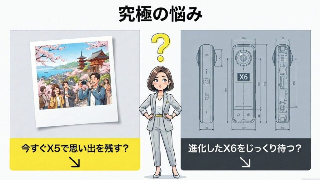今すぐX5で思い出を残すか、進化したX6を待つか悩む女性のイラスト