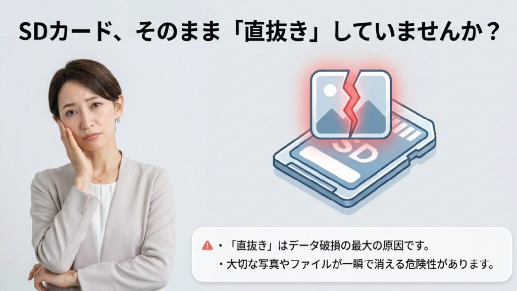 マウント解除をせずにSDカードを直抜きすると、データが破損する最大の原因になることを警告するイラスト
