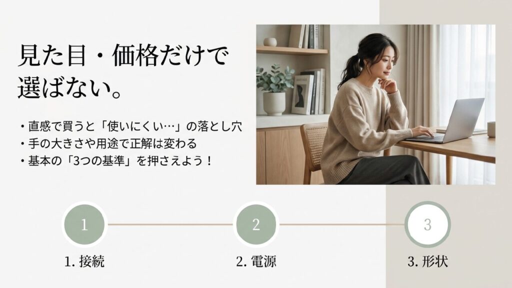 ワイヤレスマウス選びの3つの基準（接続・電源・形状）