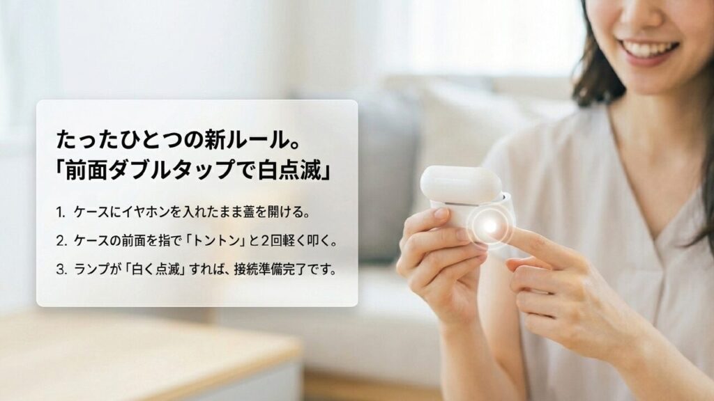 AirPods Pro 3のケース前面をダブルタップして白点滅させる手順