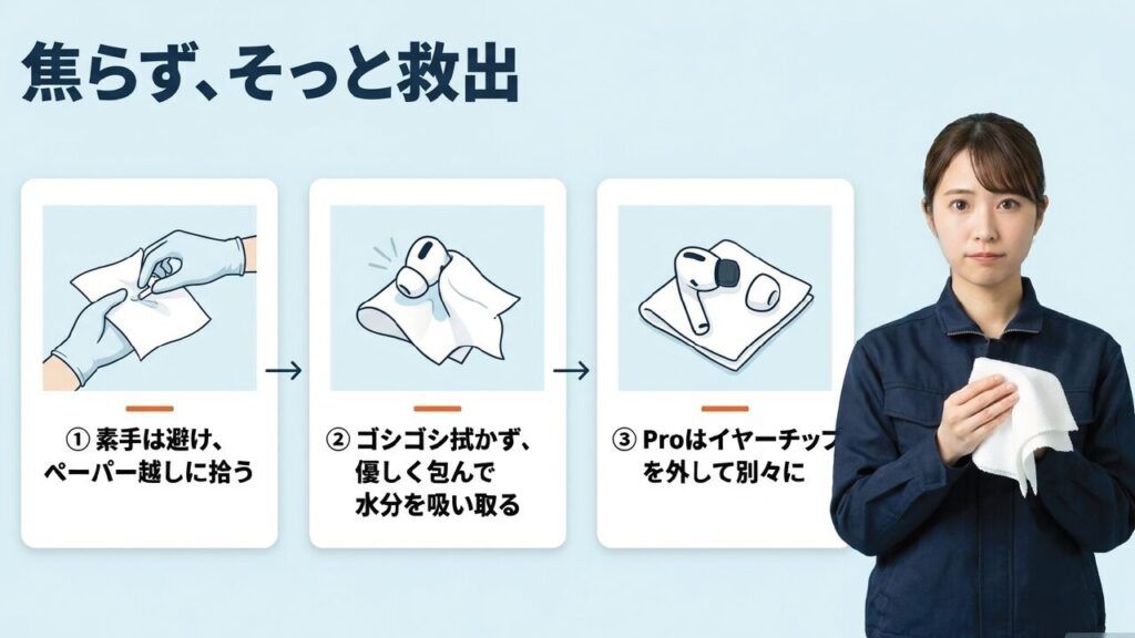ペーパー越しにAirPodsを拾い、イヤーチップを外して優しく水分を押し当てて吸い取る手順の図解
