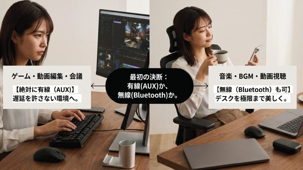 PCスピーカーの有線接続とBluetooth接続の違い