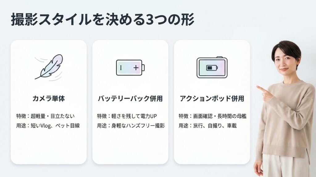 撮影スタイルを決める3つの形 カメラ単体、バッテリーパック併用、アクションポッド併用