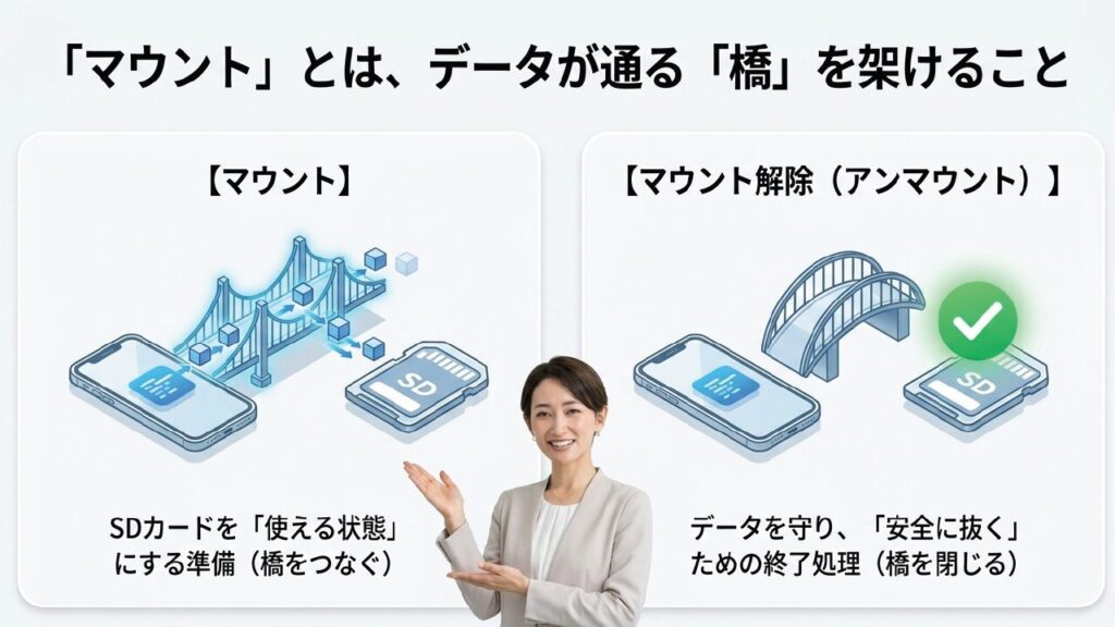 スマホとSDカードの間にデータの橋が架かるマウント状態と、安全に抜くために橋を閉じるマウント解除を表現した図解
