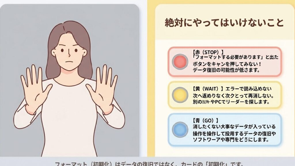 フォーマット要求に焦って初期化ボタンを押さないなど絶対にやってはいけない操作を赤黄青で表した警告イラスト