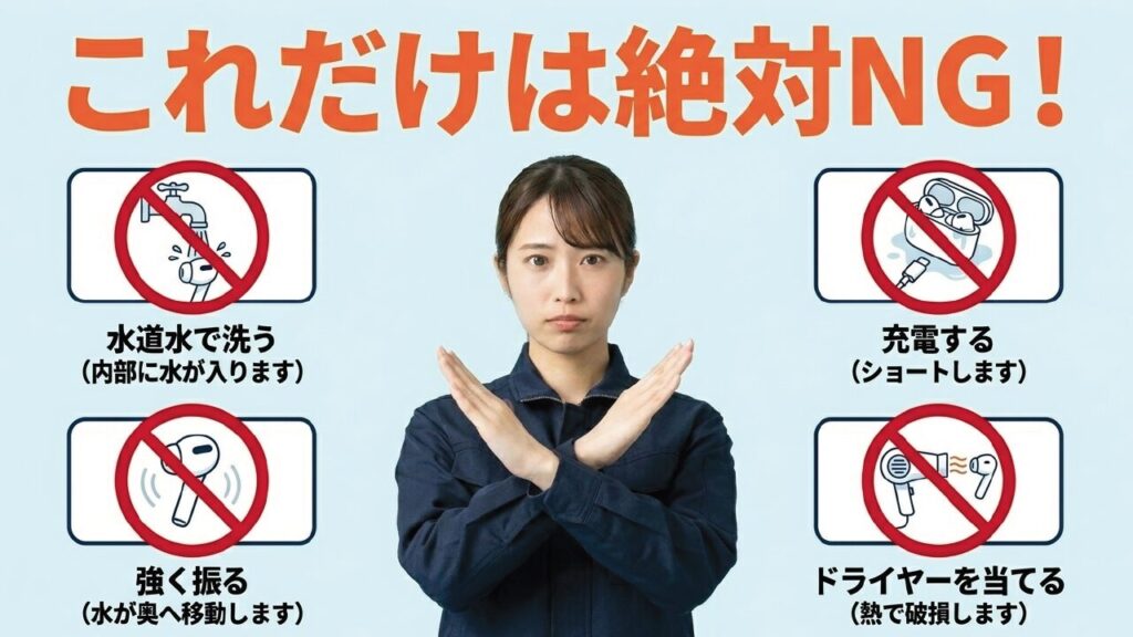 AirPods水没時に絶対にやってはいけないNG行動（水道水洗い、充電、強く振る、ドライヤー）の図解