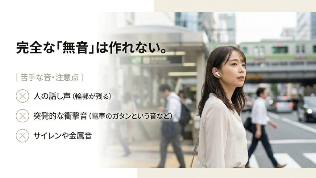 人の声や突発的な衝撃音などAirPods4のノイキャンでは消しきれない音の注意点を示すスライド