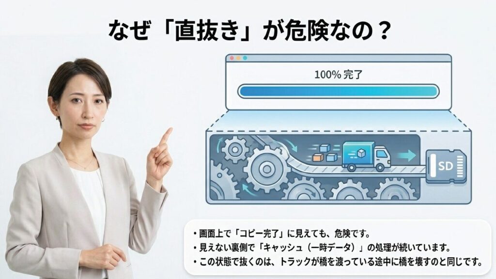 パソコンの画面上でコピー100%完了と表示されても、裏側でキャッシュデータがトラックで運ばれている途中のため直抜きが危険であることを示す図解