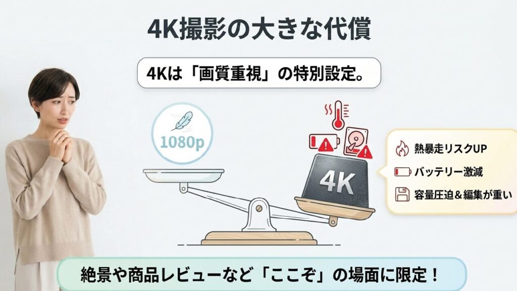 4K撮影の大きな代償 熱暴走リスクUP、バッテリー激減、容量圧迫