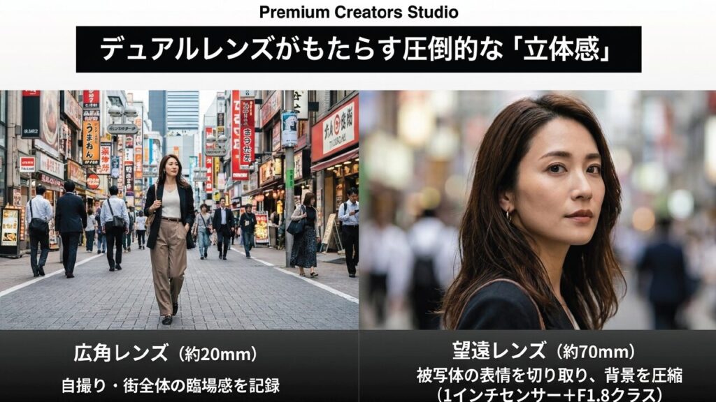 デュアルレンズがもたらす圧倒的な立体感 広角レンズと望遠レンズで撮影した街並みの立体感の比較