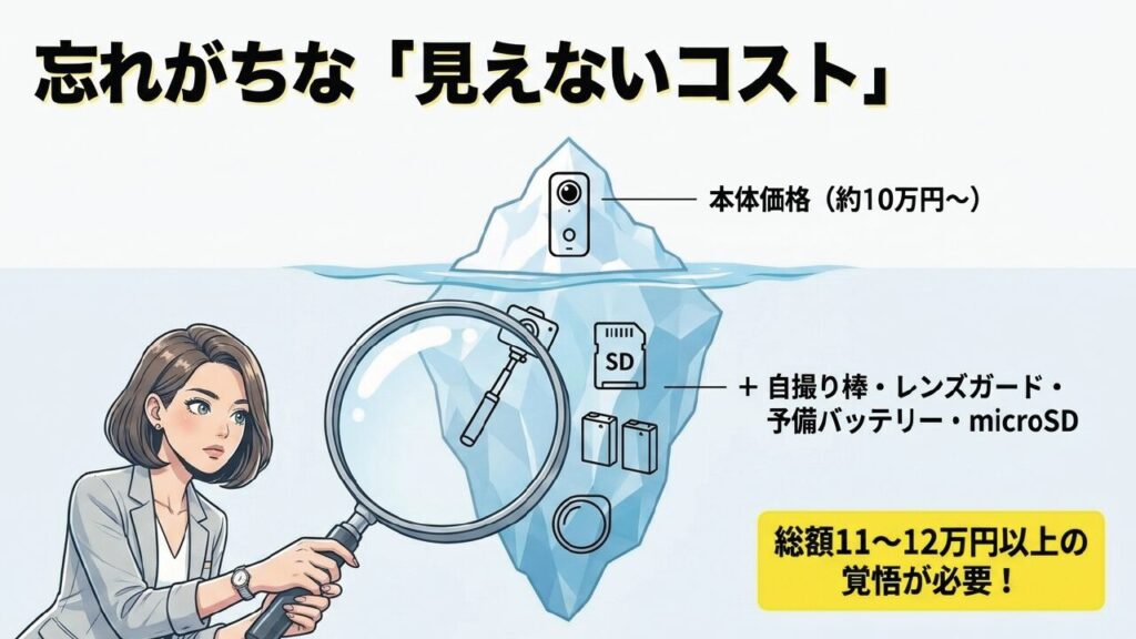 本体以外に自撮り棒や予備バッテリーなど総額11万円から12万円以上の覚悟が必要