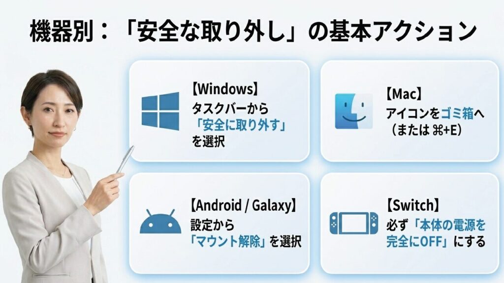 Windows、Mac、Android、Galaxy、Switchそれぞれの安全なSDカード取り外し操作をまとめた表