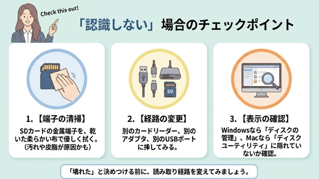 SDカードが認識しないときの端子清掃、リーダー変更、ディスク管理画面での確認手順を説明したチェックポイントイラスト