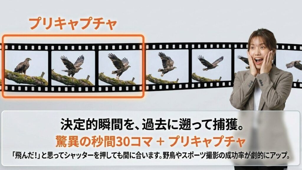 30コマ秒連写とプリキャプチャ機能の解説