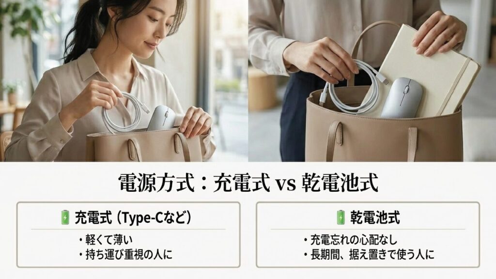 ワイヤレスマウスの充電式と乾電池式の違い