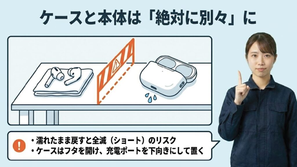 ショートを防ぐために濡れたAirPods本体と充電ケースを絶対に別々にして乾かす手順の図解